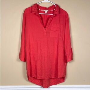 Saint Tropez West Women’s Linen Blend Coral Red Split Neck Hi-Low Tunic Blouse